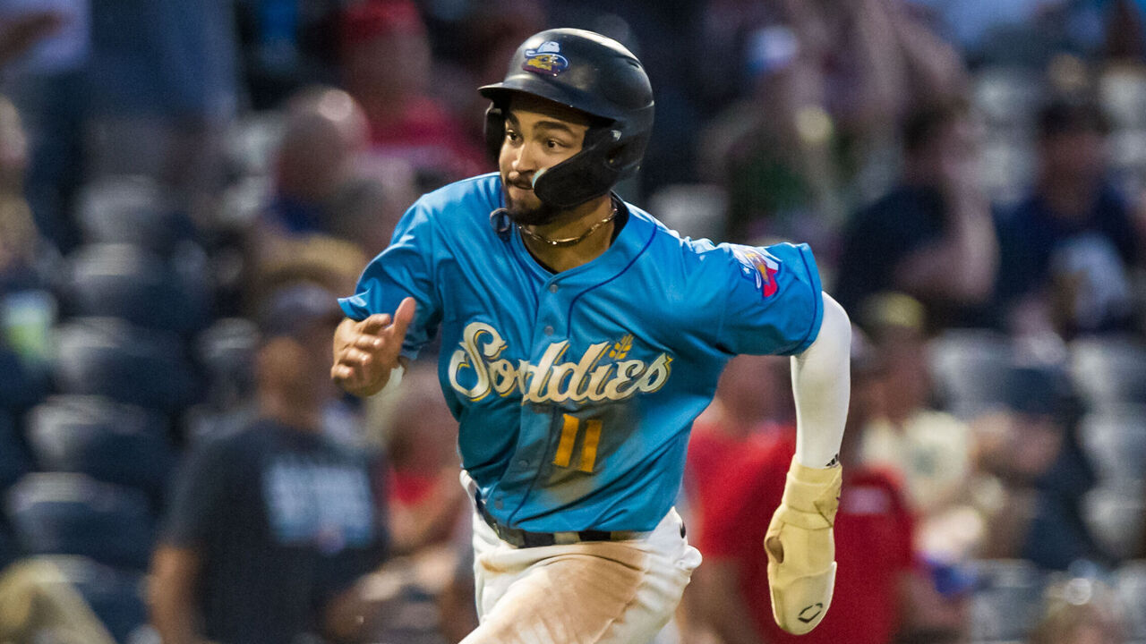AMARILLO, TEXAS - JULY 22: Jordan Lawlar #11 of the Amarillo Sod Poodles runs to home plate during the game against the Wichita Wind Surge at HODGETOWN Stadium on July 22, 2023 in Amarillo, Texas.