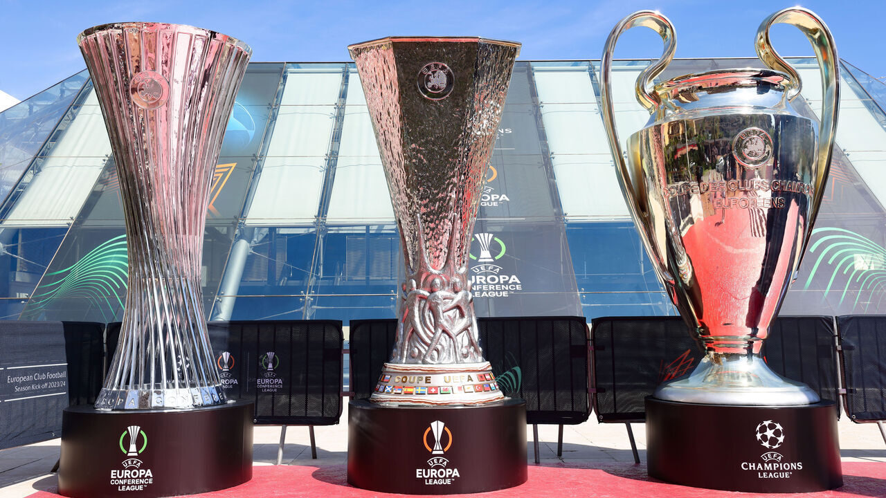 MONACO, MONACO - AUGUST 31: Replica UEFA Trophies on display prior to the UEFA 2023/24 European Club Football Season Kick-Off event at Grimaldi Forum on August 31, 2023 in Monaco, Monaco.