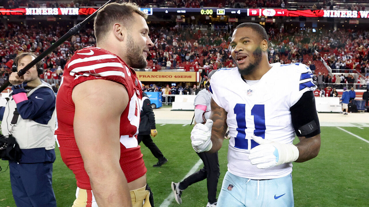 SANTA CLARA, CALIFORNIA - JANUARY 22: Nick Bosa #97 of the San Francisco 49ers and Micah Parsons #11 of the Dallas Cowboys meet on the field after their game in the NFC Divisional Playoff game at Levi's Stadium on January 22, 2023 in Santa Clara, California.