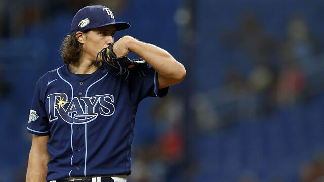 ST PETERSBURG, FLORIDA - SEPTEMBER 06: Tyler Glasnow #20 of the Tampa Bay Rays pitches during a game against the Boston Red Sox at Tropicana Field on September 06, 2023 in St Petersburg, Florida.