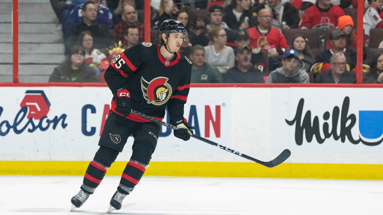 OTTAWA, ON - APRIL 10: Ottawa Senators Defenceman Jake Sanderson (85) skates during third period National Hockey League action between the Carolina Hurricanes and Ottawa Senators on April 10, 2023, at Canadian Tire Centre in Ottawa, ON, Canada.