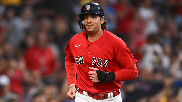 BOSTON, MASSACHUSETTS - JULY 21: Triston Casas #36 of the Boston Red Sox reacts after scoring on a RBI hit by Yu Chang (not seen) during the second inning of a game against the New York Mets at Fenway Park on July 21, 2023 in Boston, Massachusetts.