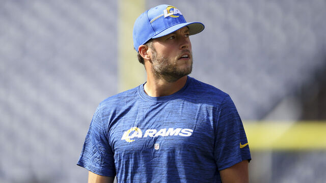 DENVER, COLORADO - AUGUST 26: Matthew Stafford #9 of the Los Angeles Rams looks on during warmups before the preseason game against the Denver Broncos at Empower Field At Mile High on August 26, 2023 in Denver, Colorado.