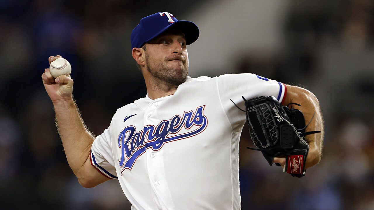 ARLINGTON, TX - SEPTEMBER 6: Max Scherzer #31 of the Texas Rangers pitches against the Houston Astros during the second inning at Globe Life Field on September 6, 2023 in Arlington, Texas.