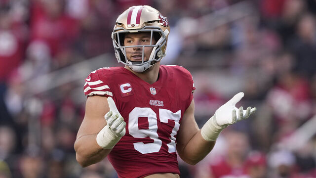 SANTA CLARA, CALIFORNIA - DECEMBER 24: Nick Bosa #97 of the San Francisco 49ers reacts after forcing a fumble during the fourth quarter in the game against the Washington Commanders at Levi's Stadium on December 24, 2022 in Santa Clara, California.