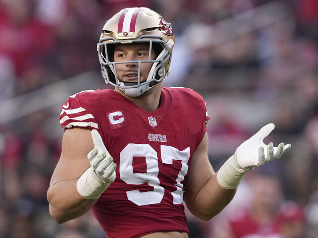 SANTA CLARA, CALIFORNIA - DECEMBER 24: Nick Bosa #97 of the San Francisco 49ers reacts after forcing a fumble during the fourth quarter in the game against the Washington Commanders at Levi's Stadium on December 24, 2022 in Santa Clara, California.