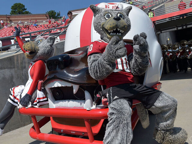 RALEIGH, NC - SEPTEMBER 01: North Carolina State Wolfpack mascots Miss Wuf and Mr. Wuf during their game against the James Madison Dukes at Carter-Finley Stadium on September 1, 2018 in Raleigh, North Carolina. North Carolina State won 24-13.