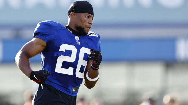 EAST RUTHERFORD, NEW JERSEY - AUGUST 01: Running back Saquon Barkley #26 of the New York Giants during training camp at NY Giants Quest Diagnostics Training Center on August 1, 2023 in East Rutherford, New Jersey.