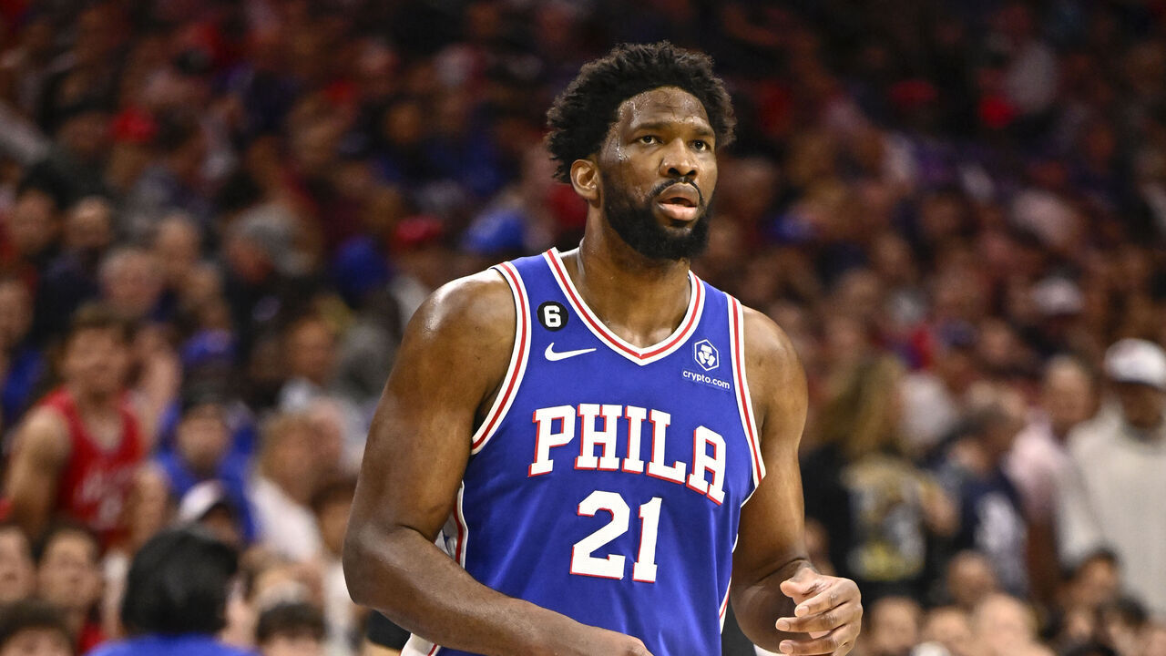 PHILADELPHIA, PA - MAY 11: Joel Embiid #21 of the Philadelphia 76ers looks on during the game during round two game six of the 2023 NBA Playoffs on on May 11, 2023 at the Wells Fargo Center in Philadelphia, Pennsylvania NOTE TO USER: User expressly acknowledges and agrees that, by downloading and/or using this Photograph, user is consenting to the terms and conditions of the Getty Images License Agreement. Mandatory Copyright Notice: Copyright 2023 NBAE