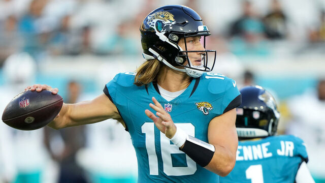 JACKSONVILLE, FLORIDA - AUGUST 26: Trevor Lawrence #16 of the Jacksonville Jaguars drops back to pass against the Miami Dolphins during the first quarter at TIAA Bank Field on August 26, 2023 in Jacksonville, Florida.