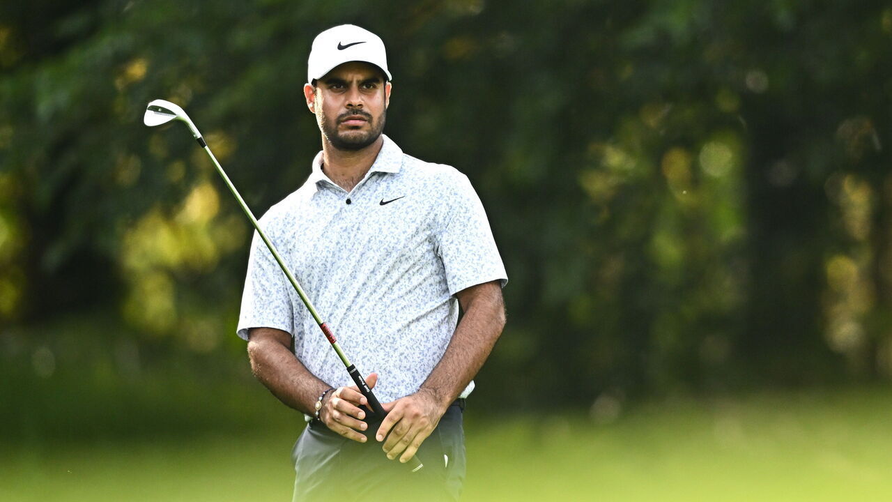 Kildare , Ireland - 7 September 2023; Shubhankar Sharma of India watches his shot on the fifth hole during day one of the Horizon Irish Open Golf Championship at The K Club in Straffan, Kildare.