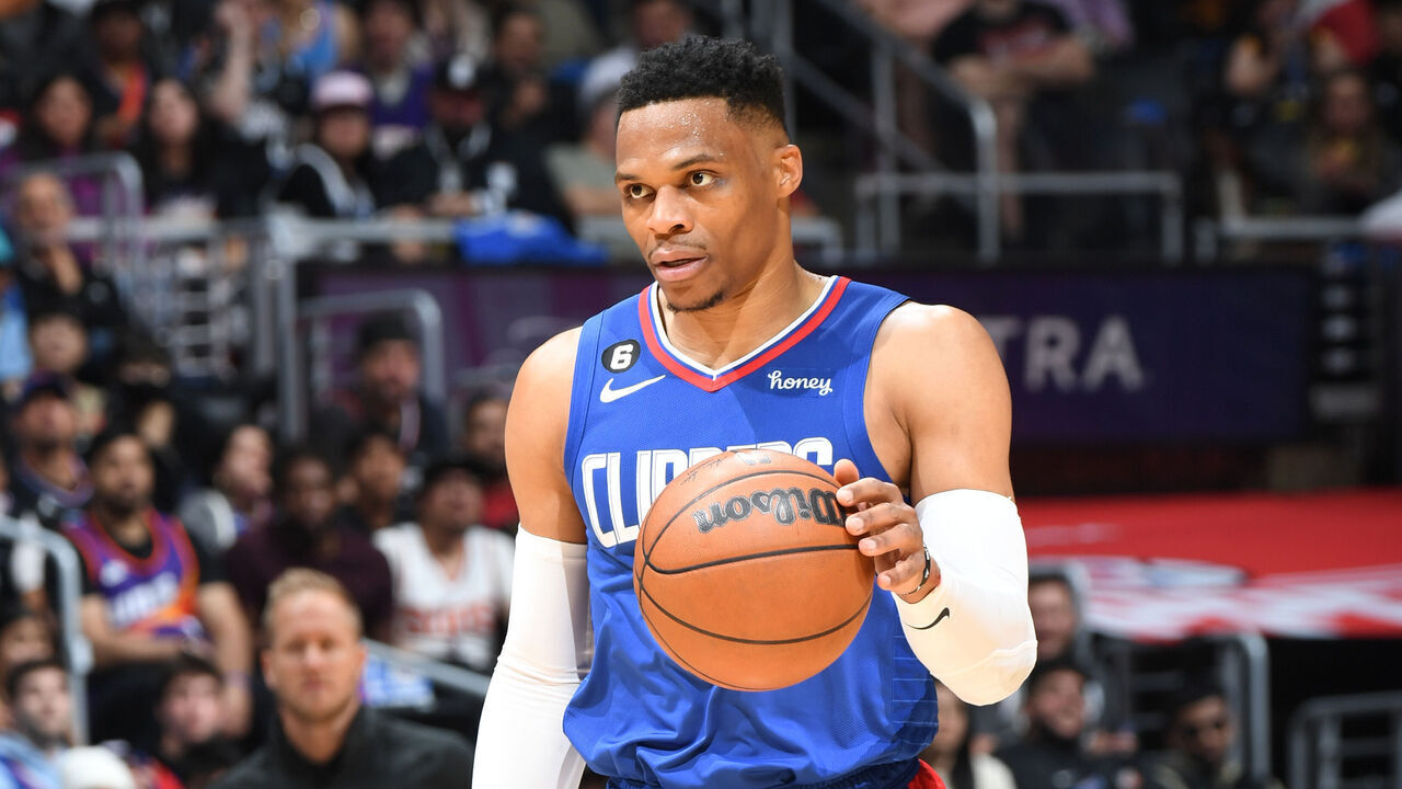 LOS ANGELES, CA - APRIL 20: Russell Westbrook #0 of the LA Clippers dribbles the ball during the game against the Phoenix Suns during Round 1 Game 3 of the 2023 NBA Playoffs on April 20, 2023 at Crypto.Com Arena in Los Angeles, California. NOTE TO USER: User expressly acknowledges and agrees that, by downloading and/or using this Photograph, user is consenting to the terms and conditions of the Getty Images License Agreement. Mandatory Copyright Notice: Copyright 2023 NBAE