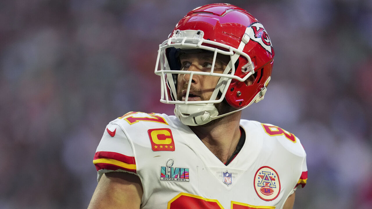 GLENDALE, AZ - FEBRUARY 12: Travis Kelce #87 of the Kansas City Chiefs looks toward the scoreboard against the Philadelphia Eagles after Super Bowl LVII at State Farm Stadium on February 12, 2023 in Glendale, Arizona. The Chiefs defeated the Eagles 38-35.
