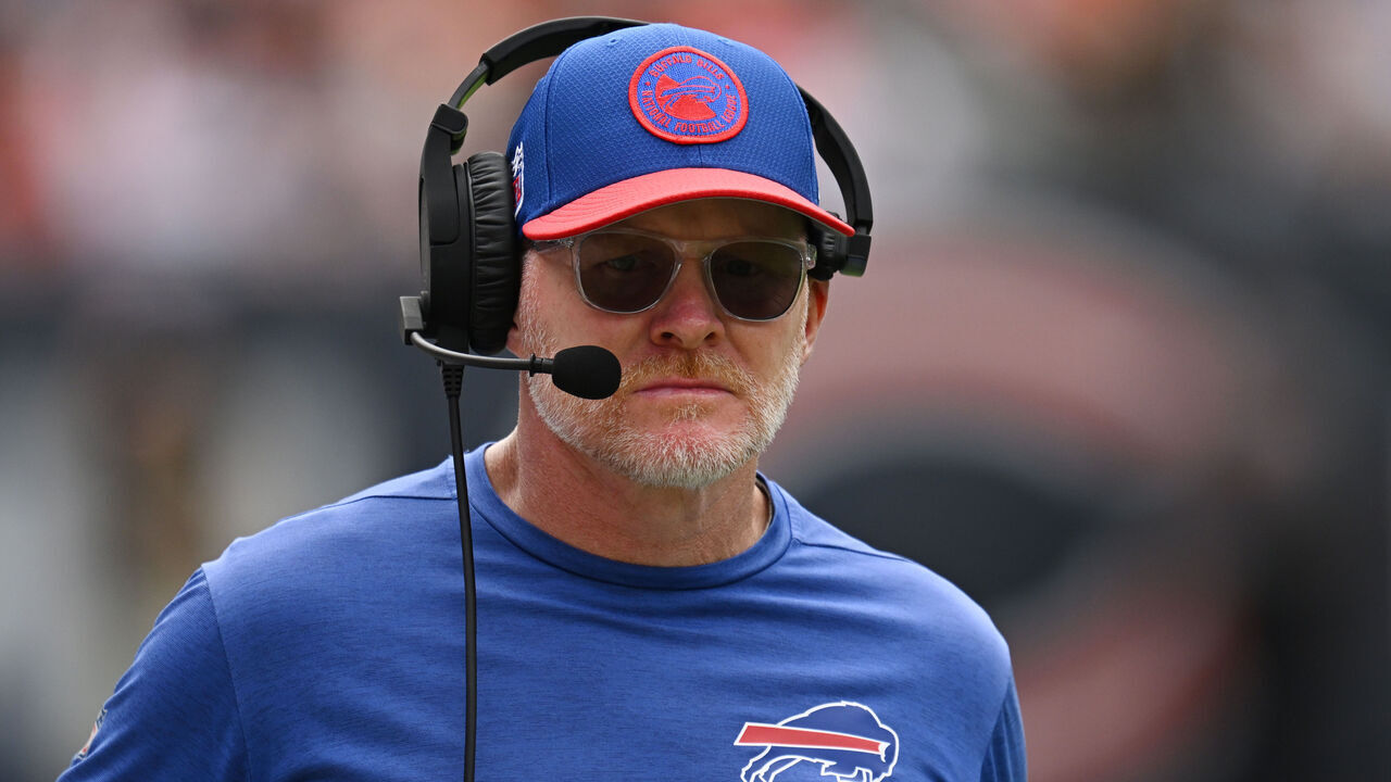 CHICAGO, ILLINOIS - AUGUST 26: Head coach Sean McDermott of the Buffalo Bills looks on in the first half of a preseason game against the Chicago Bears at Soldier Field on August 26, 2023 in Chicago, Illinois.