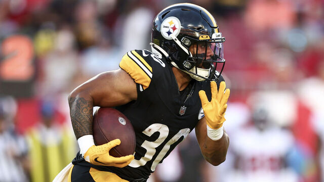 TAMPA, FL - AUGUST 11: Jaylen Warren #30 of the Pittsburgh Steelers carries the ball during the first quarter of a preseason game against the Tampa Bay Buccaneers at Raymond James Stadium on August 11, 2023 in Tampa, Florida.