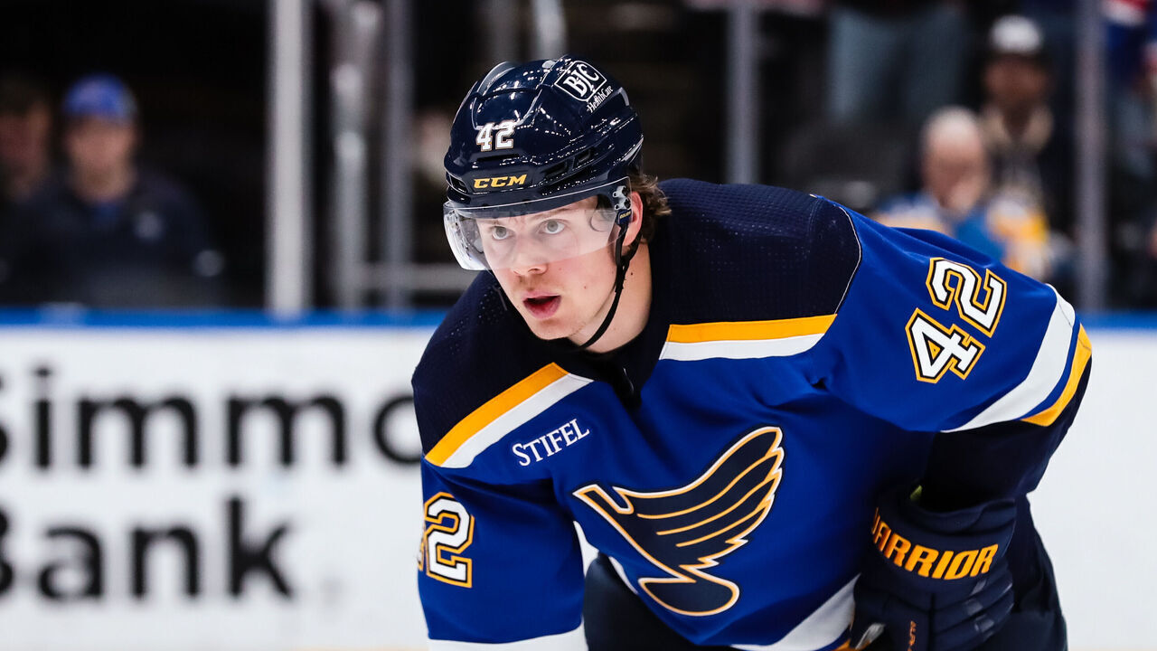 ST. LOUIS, MO - APRIL 06: St. Louis Blues right wing Kasperi Kapanen (42) on the ice during the overtime period of an NHL hockey game between the St. Louis Blues and the New York Rangers on April 6, 2023, at the Enterprise Center in St. Louis, MO. The St. Louis Blues defeated the New York Rangers 3-2 in overtime.