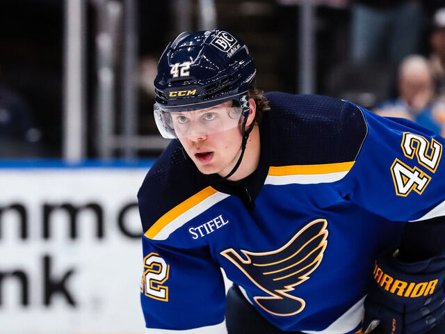 ST. LOUIS, MO - APRIL 06: St. Louis Blues right wing Kasperi Kapanen (42) on the ice during the overtime period of an NHL hockey game between the St. Louis Blues and the New York Rangers on April 6, 2023, at the Enterprise Center in St. Louis, MO. The St. Louis Blues defeated the New York Rangers 3-2 in overtime.