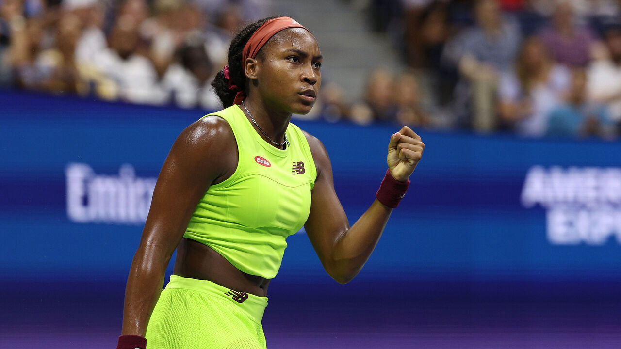 NEW YORK, NEW YORK - SEPTEMBER 07: Coco Gauff of the United States reacts during her Women's Singles Semifinal match against Karolina Muchova of the Czech Republic on Day Eleven of the 2023 US Open at the USTA Billie Jean King National Tennis Center on September 07, 2023 in the Flushing neighborhood of the Queens borough of New York City.
