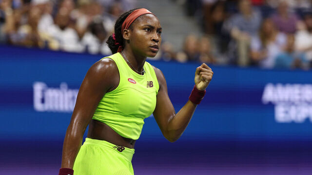 NEW YORK, NEW YORK - SEPTEMBER 07: Coco Gauff of the United States reacts during her Women's Singles Semifinal match against Karolina Muchova of the Czech Republic on Day Eleven of the 2023 US Open at the USTA Billie Jean King National Tennis Center on September 07, 2023 in the Flushing neighborhood of the Queens borough of New York City.