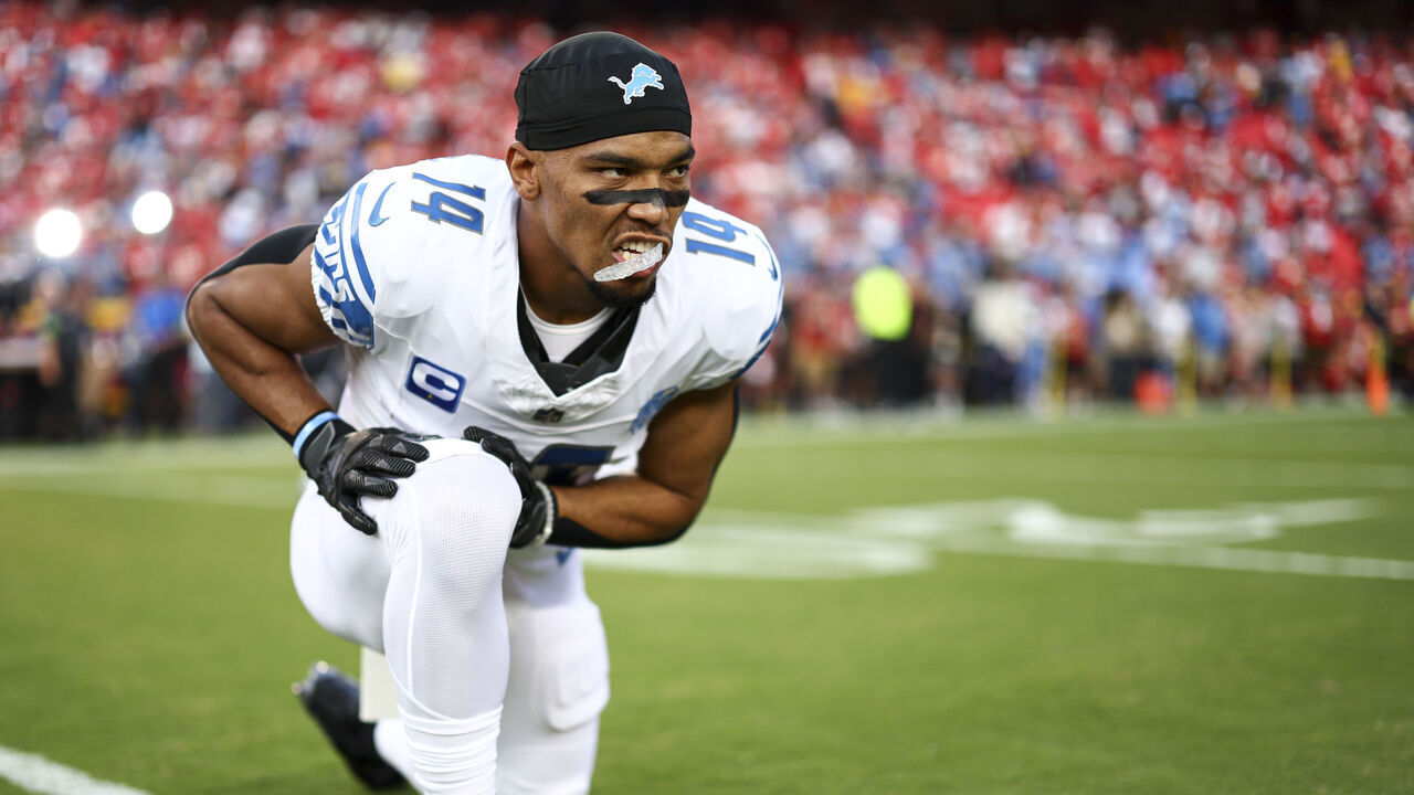 KANSAS CITY, MO - SEPTEMBER 7: Amon-Ra St. Brown #14 of the Detroit Lions stretches prior to an NFL football game against the Kansas City Chiefs at GEHA Field at Arrowhead Stadium on September 7, 2023 in Kansas City, Missouri.