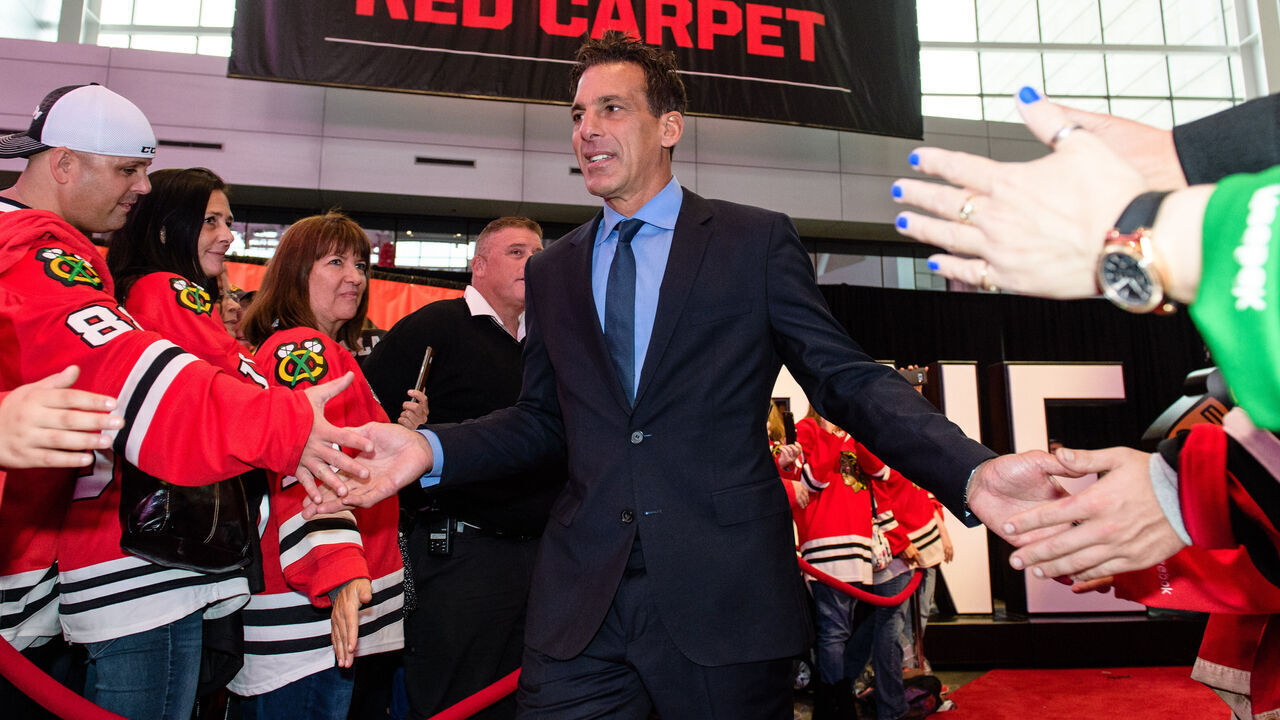 CHICAGO, IL - OCTOBER 07: Chris Chelios walks the red carpet prior to an NHL hockey game between the Toronto Maple Leafs and the Chicago Blackhawks on October 07, 2018, at the United Center in Chicago, IL.