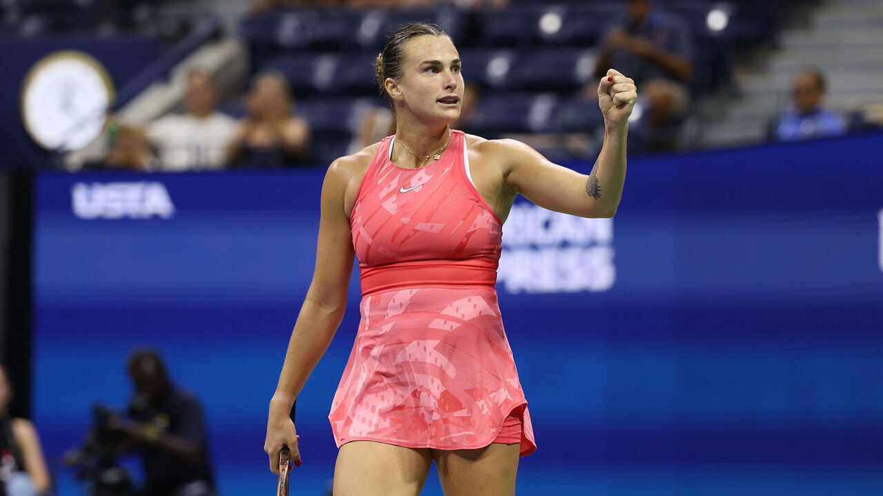 NEW YORK, NEW YORK - SEPTEMBER 07: Aryna Sabalenka of Belarus reacts against Madison Keys of the United States during their Women's Singles Semifinal match on Day Eleven of the 2023 US Open at the USTA Billie Jean King National Tennis Center on September 07, 2023 in the Flushing neighborhood of the Queens borough of New York City.
