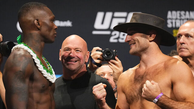 SYDNEY, AUSTRALIA - SEPTEMBER 08: (L-R) Opponents Israel Adesanya of Nigeria and Sean Strickland face off during the UFC 293 ceremonial weigh-in at Qudos Bank Arena on September 08, 2023 in Sydney, Australia.