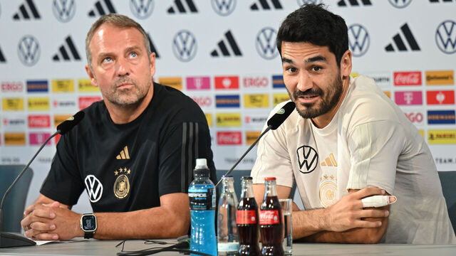 WOLFSBURG, GERMANY - SEPTEMBER 08: Hansi Flick, Head Coach of Germany and newly announced captain Ilkay gündogan talk with the media during a press conference on September 08, 2023 in Wolfsburg, Germany.