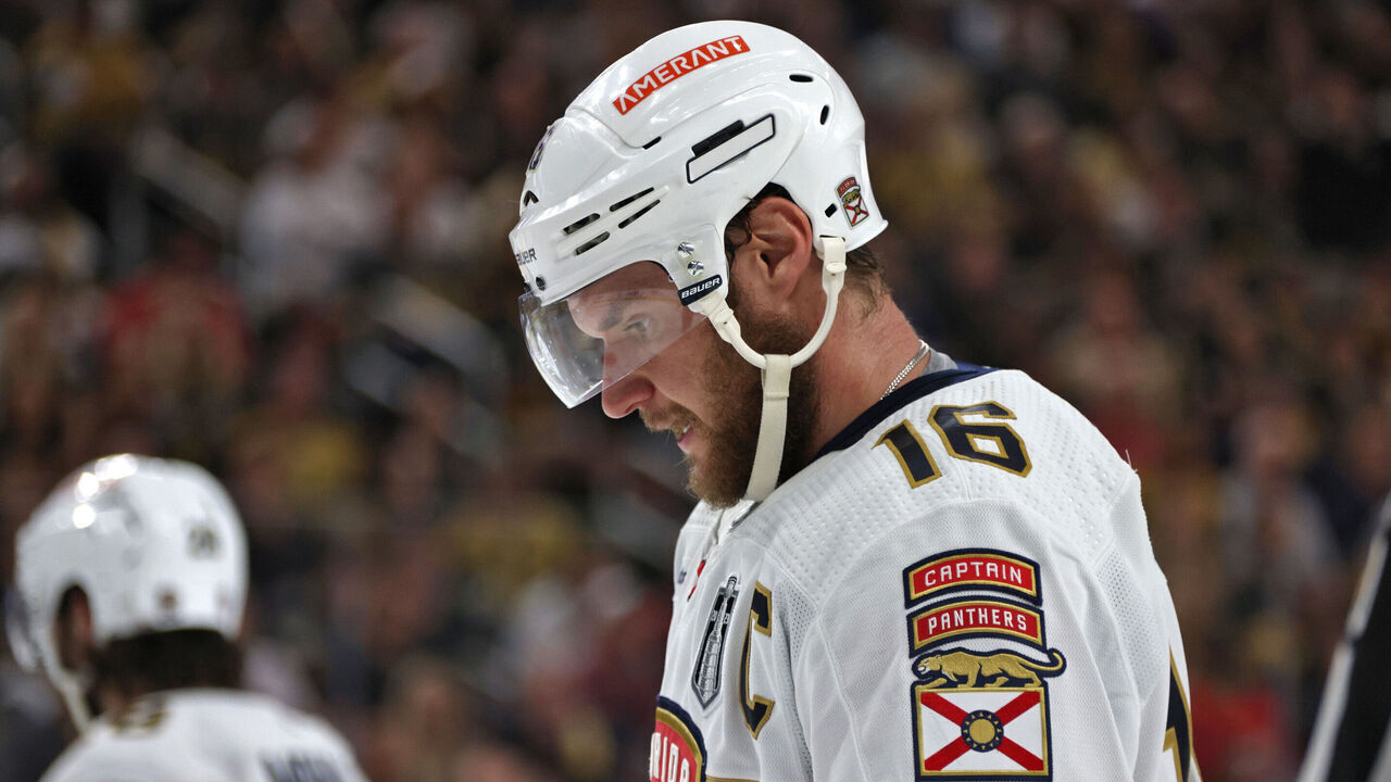 LAS VEGAS, NEVADA - JUNE 03: Aleksander Barkov #16 of the Florida Panthers looks on during a break in play in the second period of Game One of the 2023 NHL Stanley Cup Final between the Florida Panthers and the Vegas Golden Knights at T-Mobile Arena on June 03, 2023 in Las Vegas, Nevada.