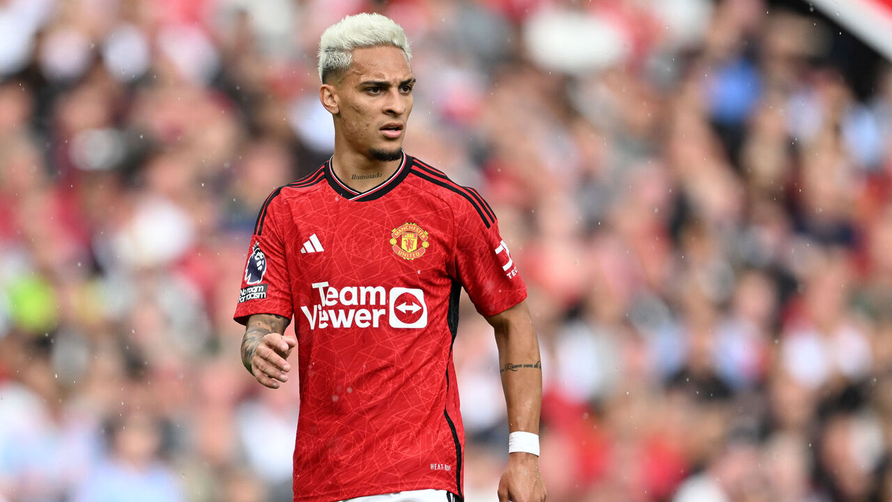 MANCHESTER, ENGLAND - AUGUST 26: Antony of Manchester United looks on during the Premier League match between Manchester United and Nottingham Forest at Old Trafford on August 26, 2023 in Manchester, England.