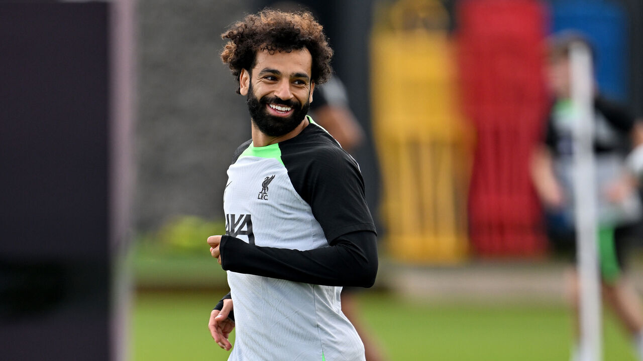 KIRKBY, ENGLAND - AUGUST 30: (THE SUN OUT, THE SUN ON SUNDAY OUT) Mohamed Salah of Liverpool during a training session at AXA Training Centre on August 30, 2023 in Kirkby, England.