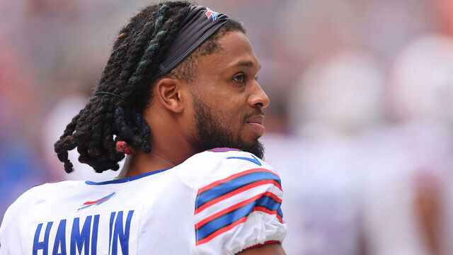CHICAGO, ILLINOIS - AUGUST 26: Damar Hamlin #3 of the Buffalo Bills looks on against the Chicago Bears during the second half of a preseason game at Soldier Field on August 26, 2023 in Chicago, Illinois.