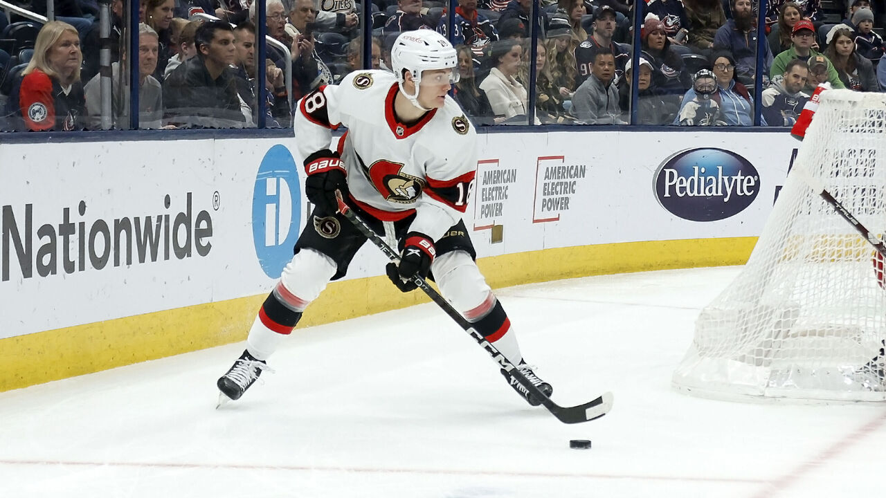 COLUMBUS, OH - APRIL 02: Tim Stutzle #18 of the Ottawa Senators controls the puck during the game against the Columbus Blue Jackets at Nationwide Arena on April 2, 2023 in Columbus, Ohio.