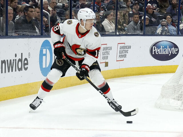 COLUMBUS, OH - APRIL 02: Tim Stutzle #18 of the Ottawa Senators controls the puck during the game against the Columbus Blue Jackets at Nationwide Arena on April 2, 2023 in Columbus, Ohio.