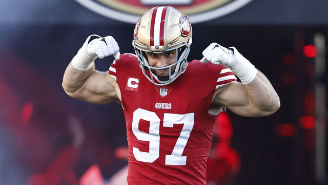 SANTA CLARA, CALIFORNIA - JANUARY 22: Nick Bosa #97 of the San Francisco 49ers reacts as he takes the field prior to an NFL divisional round playoff football game between the San Francisco 49ers and the Dallas Cowboys at Levi's Stadium on January 22, 2023 in Santa Clara, California.