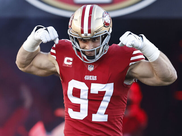 SANTA CLARA, CALIFORNIA - JANUARY 22: Nick Bosa #97 of the San Francisco 49ers reacts as he takes the field prior to an NFL divisional round playoff football game between the San Francisco 49ers and the Dallas Cowboys at Levi's Stadium on January 22, 2023 in Santa Clara, California.