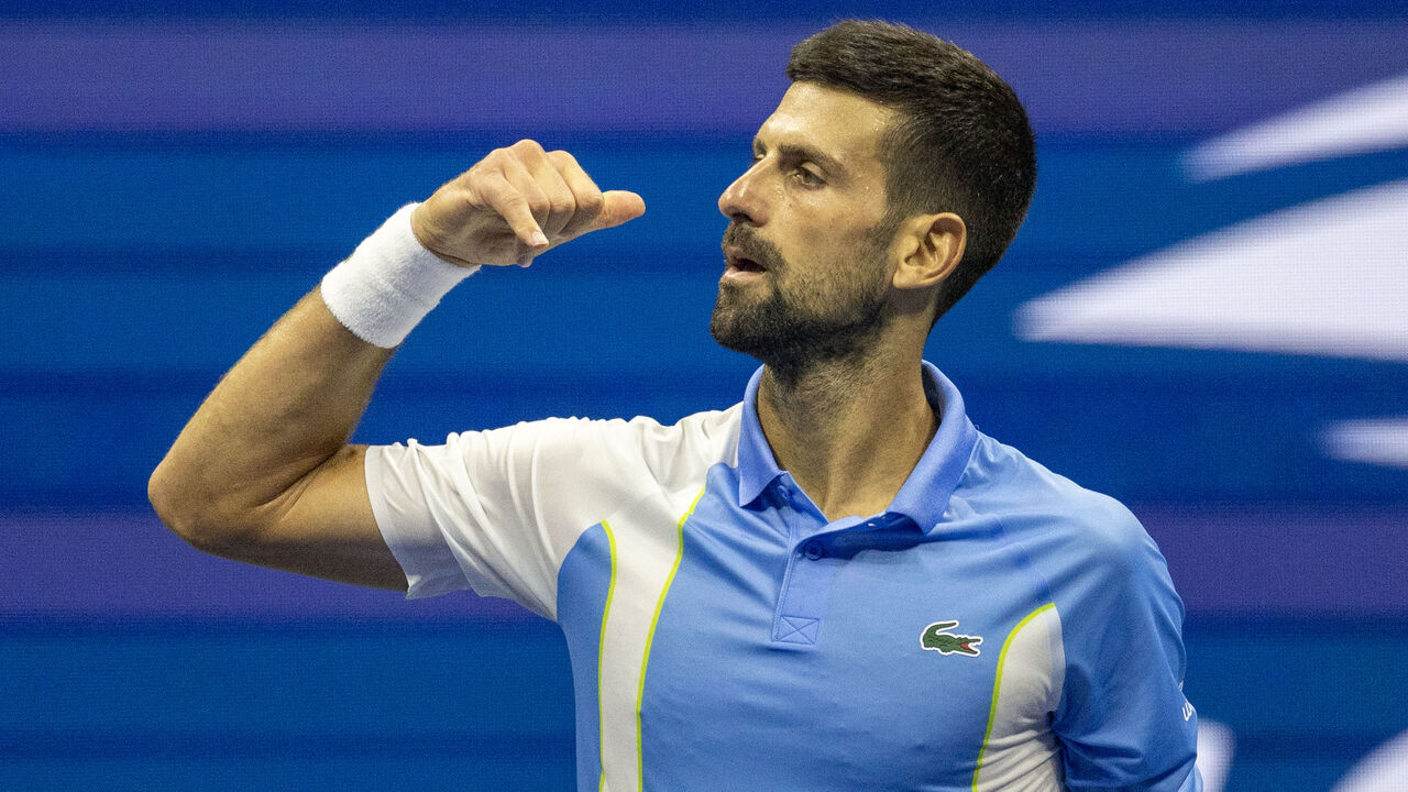 NEW YORK, USA: September 8: Novak Djokovic of Serbia celebrates his victory against Ben Shelton of the United States in the Men's Singles Semi-Finals match on Arthur Ashe Stadium during the US Open Tennis Championship 2023 at the USTA National Tennis Centre on September 8th, 2023 in Flushing, Queens, New York City.