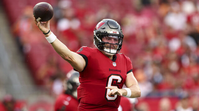 TAMPA, FL - AUGUST 26: Baker Mayfield #6 of the Tampa Bay Buccaneers throws a pass during an NFL preseason football game against the Baltimore Ravens at Raymond James Stadium on August 26, 2023 in Tampa, Florida.