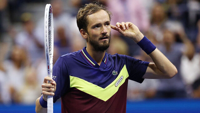 NEW YORK, NEW YORK - SEPTEMBER 08: Daniil Medvedev of Russia celebrates a point against Carlos Alcaraz of Spain during their Men's Singles Semifinal match on Day Twelve of the 2023 US Open at the USTA Billie Jean King National Tennis Center on September 08, 2023 in the Flushing neighborhood of the Queens borough of New York City.