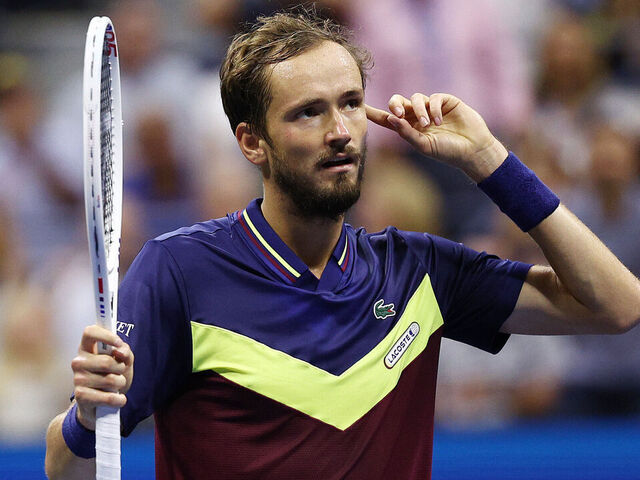 NEW YORK, NEW YORK - SEPTEMBER 08: Daniil Medvedev of Russia celebrates a point against Carlos Alcaraz of Spain during their Men's Singles Semifinal match on Day Twelve of the 2023 US Open at the USTA Billie Jean King National Tennis Center on September 08, 2023 in the Flushing neighborhood of the Queens borough of New York City.