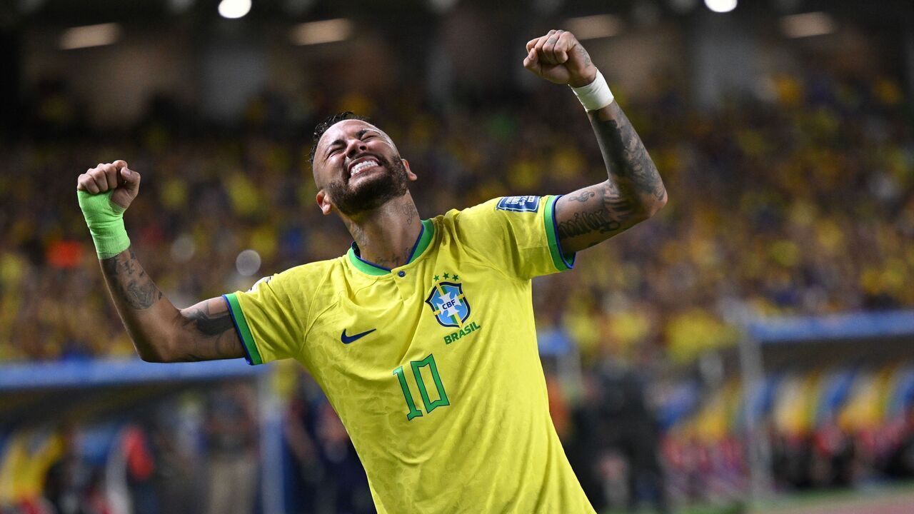 Brazil's forward Neymar (L) celebrates after scoring a goal during the 2026 FIFA World Cup South American qualifiers football match between Brazil and Bolivia at the Jornalista Edgar Proença 'Mangueirao' stadium, in Belem, state of Para, Brazil, on September 8, 2023. Neymar became Brazil's all-time top scorer on Friday surpassing Pele's record.