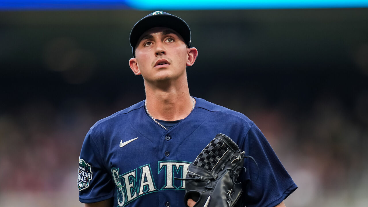 MINNEAPOLIS, MN - JULY 25: George Kirby #68 of the Seattle Mariners looks on against the Minnesota Twins on July 25, 2023 at Target Field in Minneapolis, Minnesota.