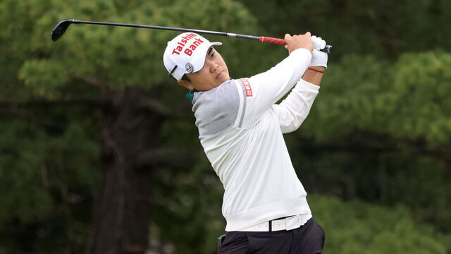 CINCINNATI, OHIO - SEPTEMBER 08: Peiyun Chien of Chinese Taipei plays her shot from the fifth tee during the second round of the Kroger Queen City Championship presented by P&G at Kenwood Country Club on September 08, 2023 in Cincinnati, Ohio.
