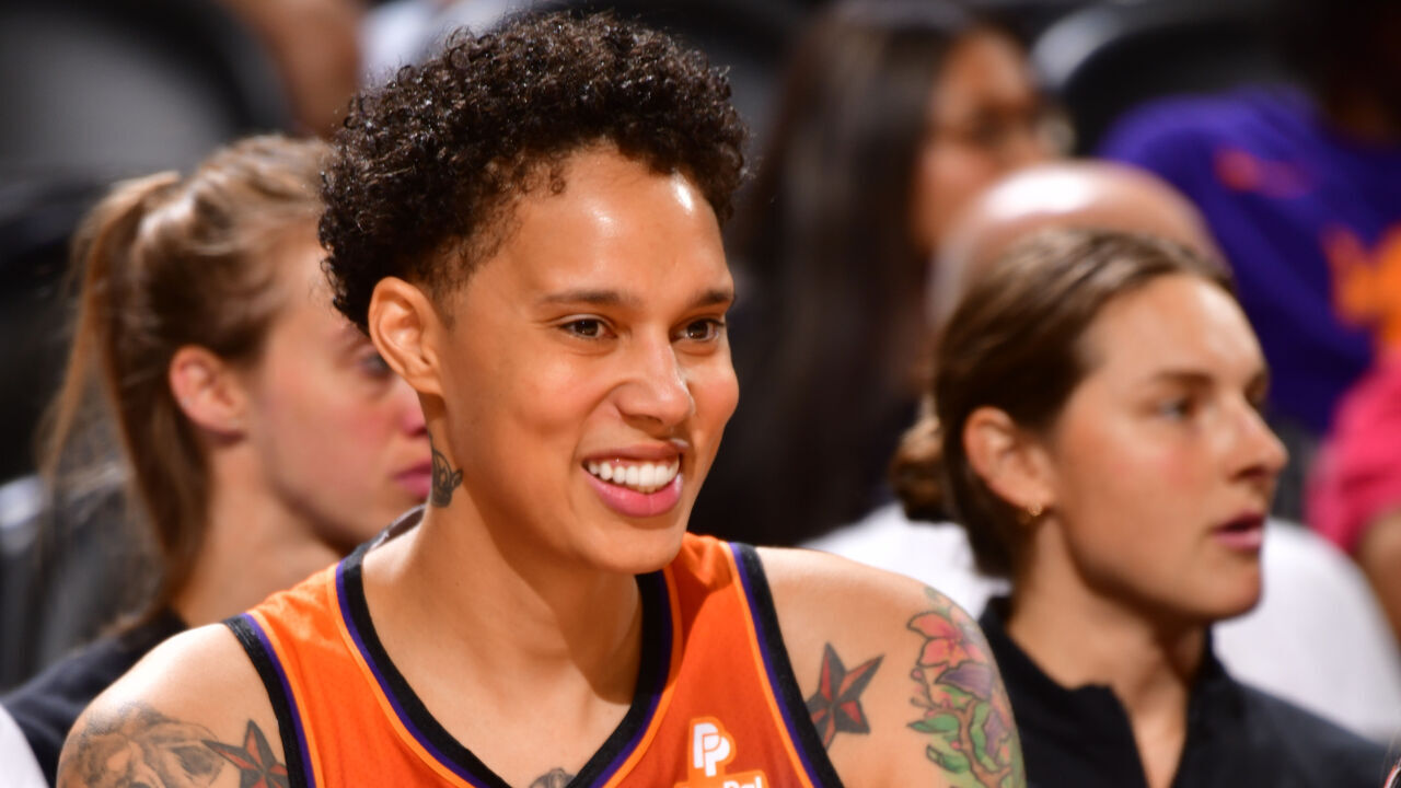 PHOENIX, AZ - AUGUST 8: Brittney Griner #42 of the Phoenix Mercury smiles during the game against the Washington Mystics on August 8, 2023 at Footprint Center in Phoenix, Arizona. Mandatory Copyright Notice: Copyright 2023 NBAE