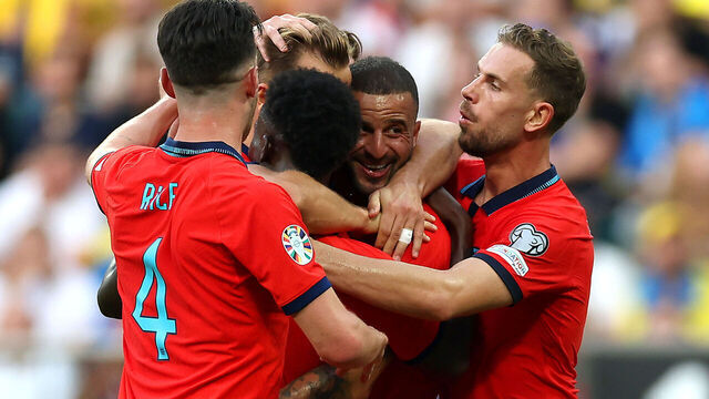 WROCLAW, POLAND - SEPTEMBER 09: Kyle Walker of England celebrates with teammates after scoring the team's first goal during the UEFA EURO 2024 European qualifier match between Ukraine and England at Stadion Wroclaw on September 09, 2023 in Wroclaw, Poland.