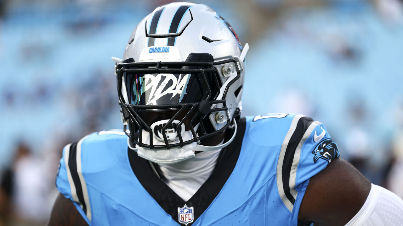 CHARLOTTE, NC - AUGUST 25: Brian Burns #0 of the Carolina Panthers stretches prior to an NFL preseason football game against the Detroit Lions at Bank of America Stadium on August 25, 2023 in Charlotte, North Carolina.