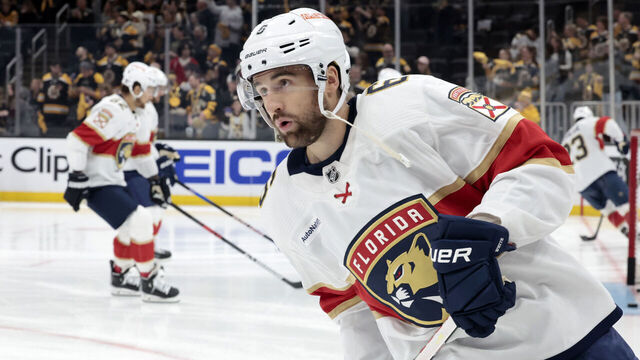 BOSTON, MA - APRIL 17: Florida Panthers right wing Colin White (6) in warm up before Game 1 of an Eastern Conference First Round playoff contest between the Boston Bruins and the Florida Panthers on April 17, 2023, at TD Garden in Boston, Massachusetts.