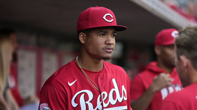 CINCINNATI, OHIO - AUGUST 19: Noelvi Marte #16 of the Cincinnati Reds walks through the dugout during a baseball game against the Toronto Blue Jays at Great American Ball Park on August 19, 2023 in Cincinnati, Ohio.
