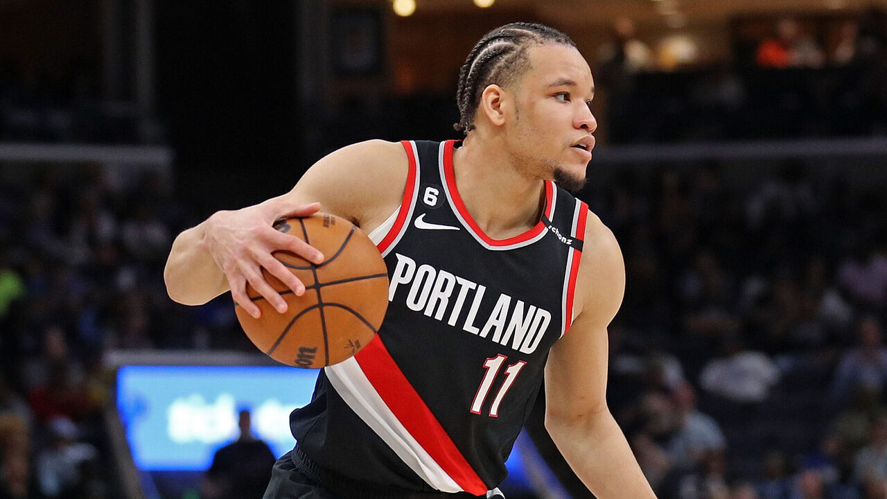 MEMPHIS, TENNESSEE - APRIL 04: Kevin Knox II #11 of the Portland Trail Blazers handles the ball during the game against the Memphis Grizzlies at FedExForum on April 04, 2023 in Memphis, Tennessee.