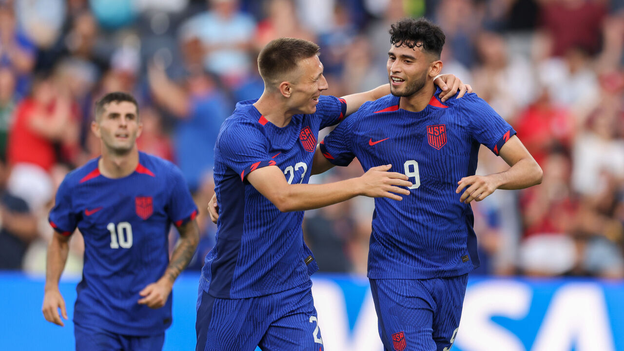 ST LOUIS, MISSOURI - SEPTEMBER 09: Ricardo Pepi #9 of the United States celebrates scoring with Kristoffer Lund #23 during the second half of a match between Uzbekistan and the United States at CITYPARK on September 09, 2023 in St Louis, Missouri.